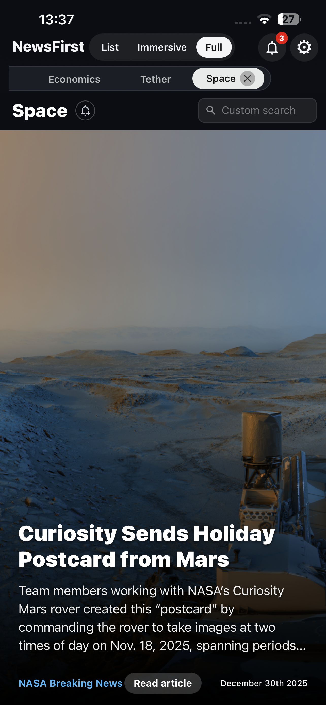 NewsFirst fullscreen view - Space news article